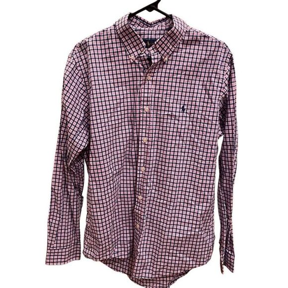 Ralph Lauren Mens Gingham Plaid Long Sleeve Button Down Shirt L Pink Blue - Picture 1 of 5